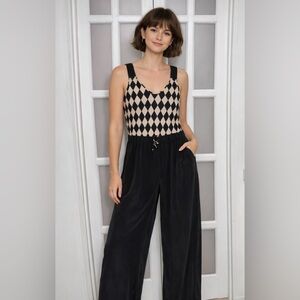 Julie Haus Silk Harlequin Jumpsuit Black Cream Wide Leg Adjustable Straps